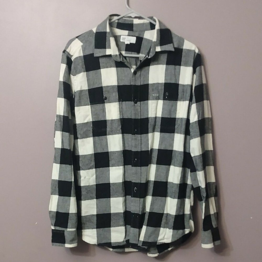 Gap Men's Black White Gray Plaid Cotton Button Up